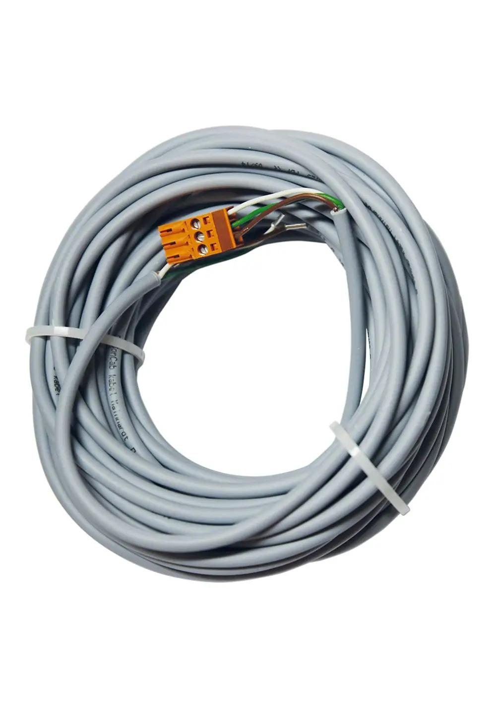 Grau ummanteltes Kabel mit orangefarbener Anschlussklemme, für elektrische Verbindungen konzipiert, möglicherweise im Zusammenhang mit Judo-Produkten verwendet.